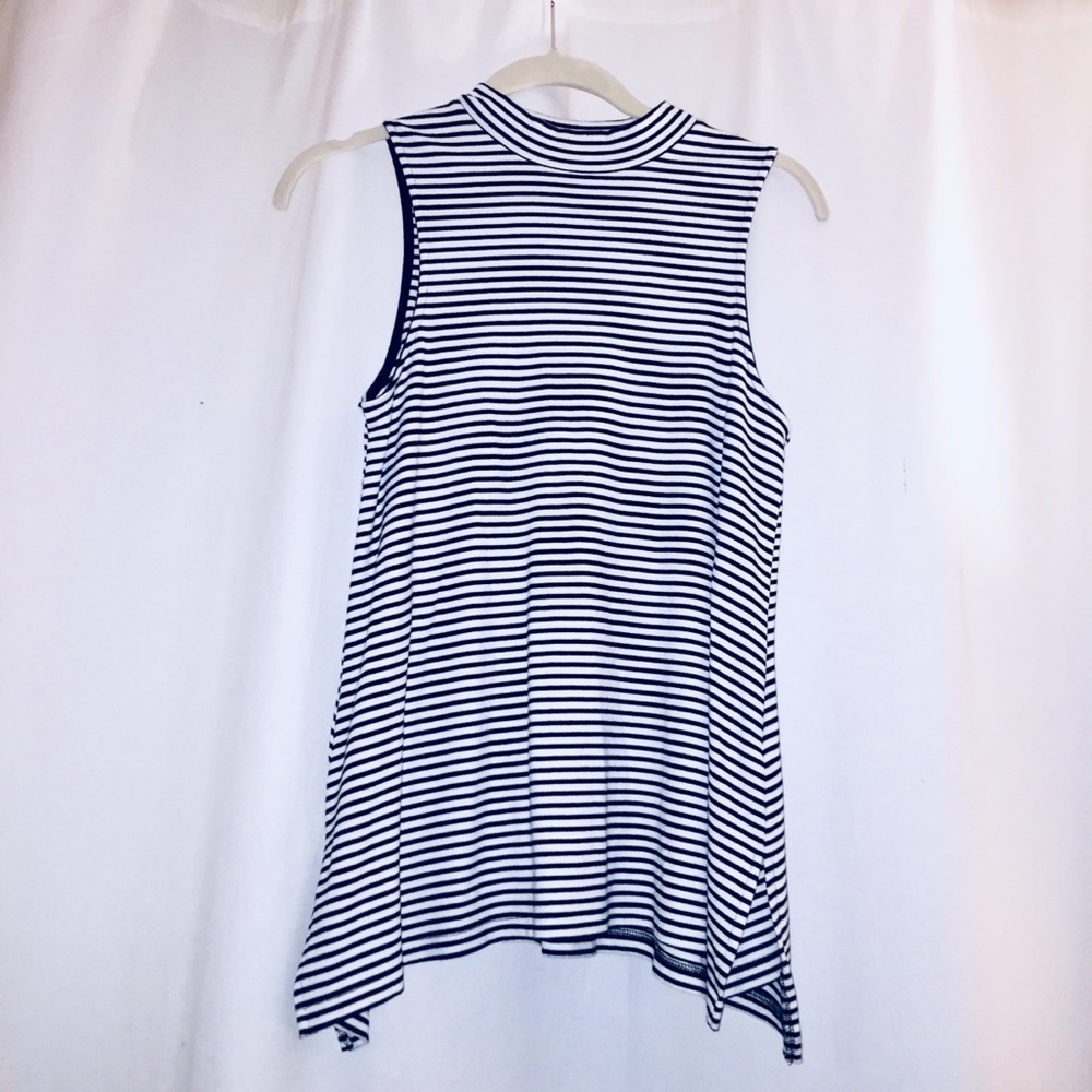 Black & White Striped Sleeveless Mock Neck Top